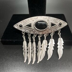 Vintage Pewter Southwestern Brooch Pin JJ Jonette Fashion Jewelry Feathers 1980s